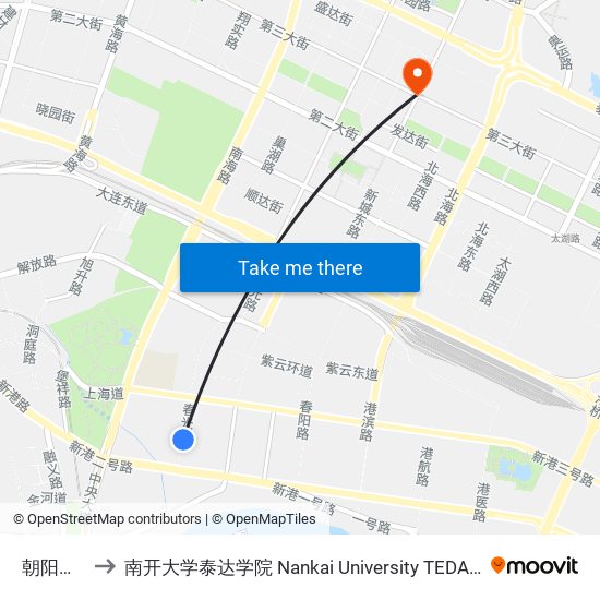 朝阳新村 to 南开大学泰达学院 Nankai University TEDA College map