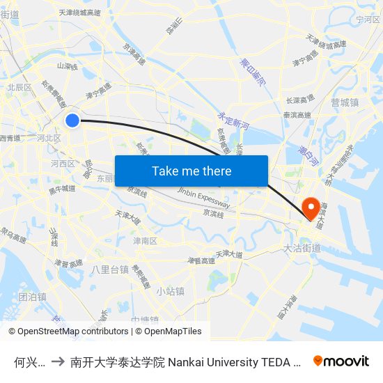 何兴庄 to 南开大学泰达学院 Nankai University TEDA College map