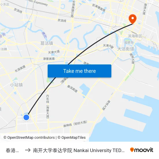 春港花园 to 南开大学泰达学院 Nankai University TEDA College map