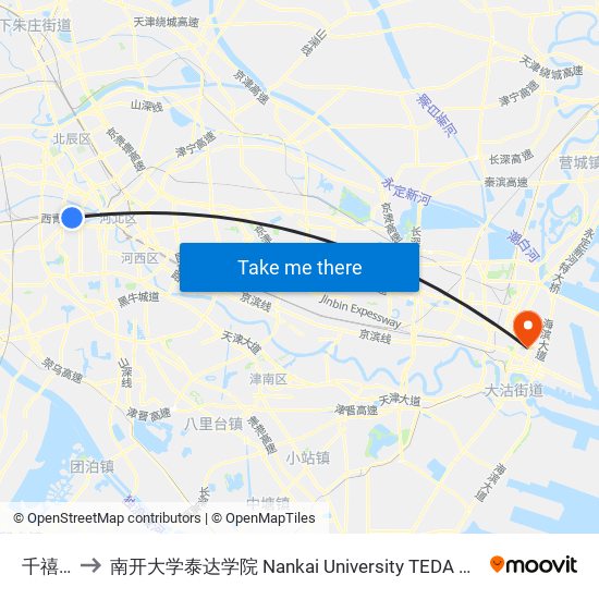 千禧园 to 南开大学泰达学院 Nankai University TEDA College map