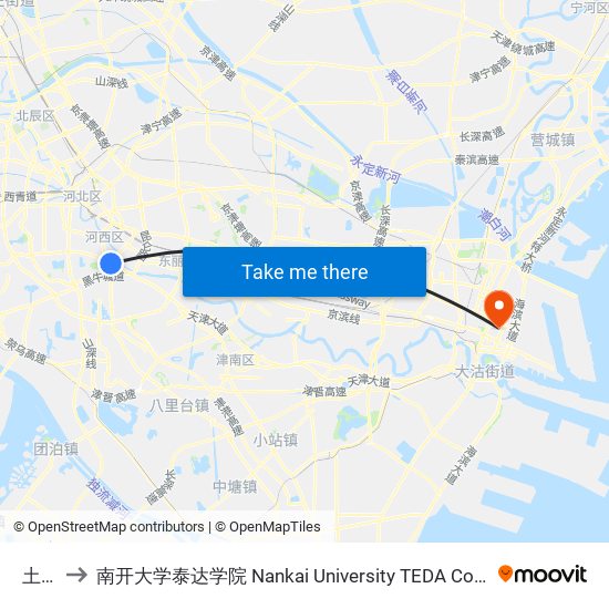 土城 to 南开大学泰达学院 Nankai University TEDA College map