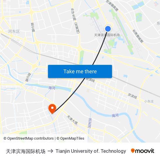 天津滨海国际机场 to Tianjin University of. Technology map