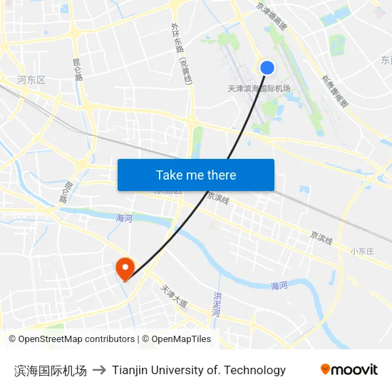 Binhai International Airport to Tianjin University of Technology map