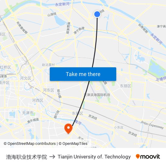 渤海职业技术学院 to Tianjin University of. Technology map