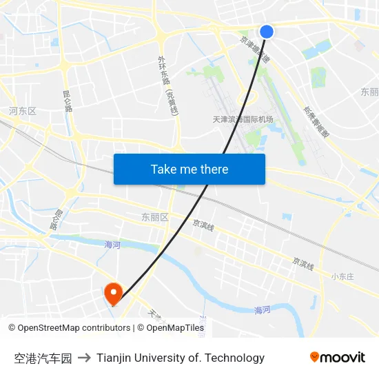 空港汽车园 to Tianjin University of. Technology map