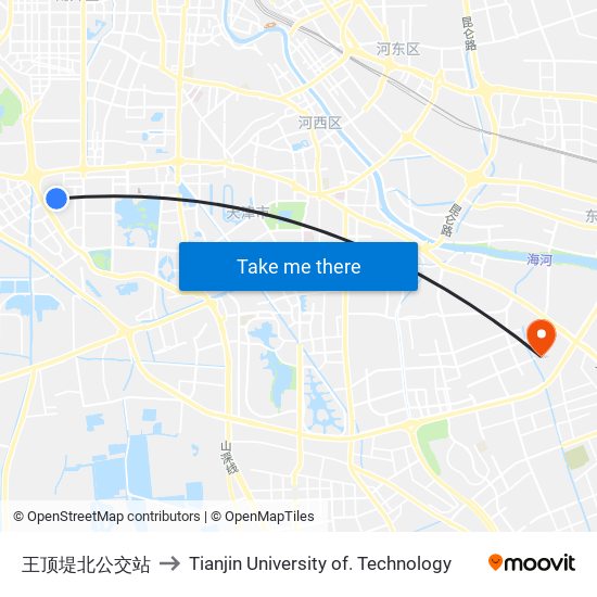 王顶堤北公交站 to Tianjin University of. Technology map