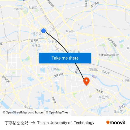 丁字沽公交站 to Tianjin University of. Technology map