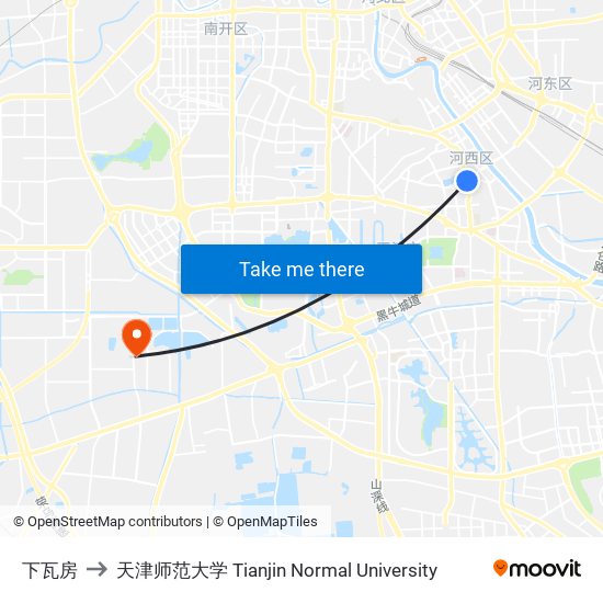 下瓦房 to 天津师范大学 Tianjin Normal University map