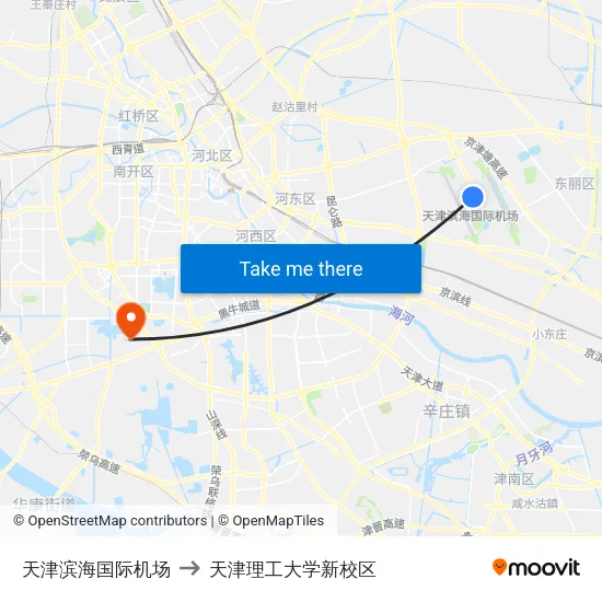 天津滨海国际机场 to 天津理工大学新校区 map