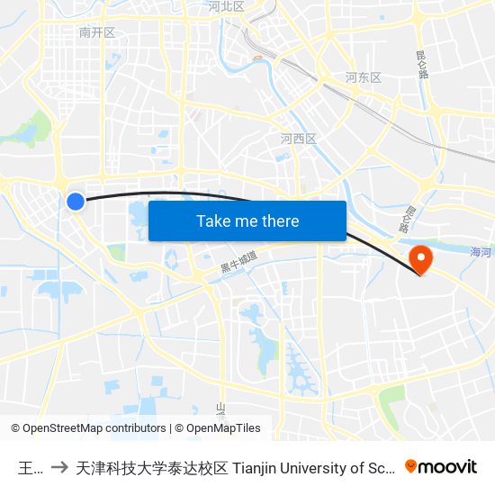 王顶堤 to 天津科技大学泰达校区 Tianjin University of Science and Technology (TEDA Campus) map
