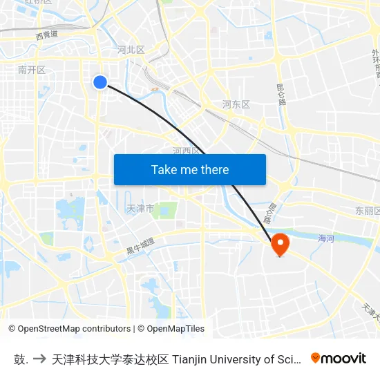 鼓楼 to 天津科技大学泰达校区 Tianjin University of Science and Technology (TEDA Campus) map
