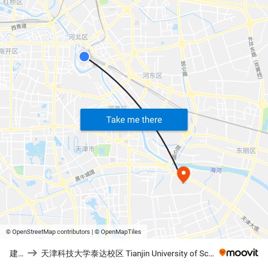 建国道 to 天津科技大学泰达校区 Tianjin University of Science and Technology (TEDA Campus) map