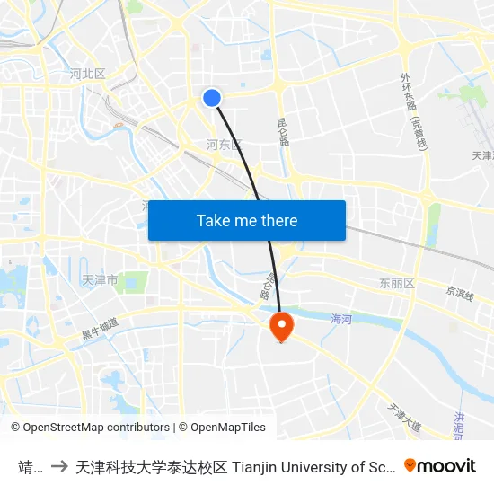 靖江路 to 天津科技大学泰达校区 Tianjin University of Science and Technology (TEDA Campus) map