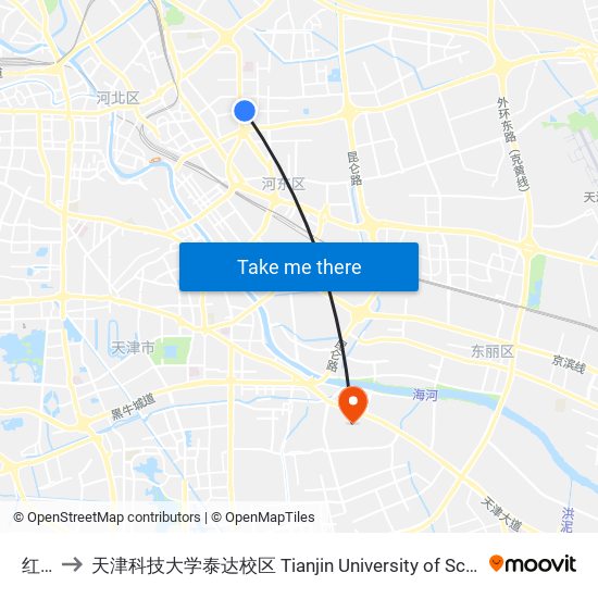 红星路 to 天津科技大学泰达校区 Tianjin University of Science and Technology (TEDA Campus) map