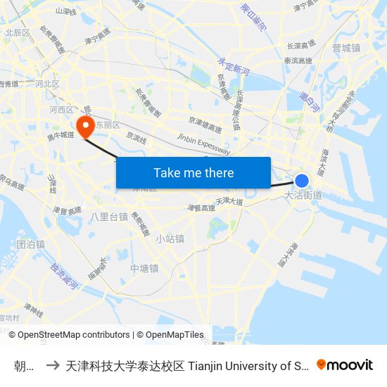 朝阳新村 to 天津科技大学泰达校区 Tianjin University of Science and Technology (TEDA Campus) map