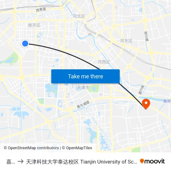 嘉陵里 to 天津科技大学泰达校区 Tianjin University of Science and Technology (TEDA Campus) map