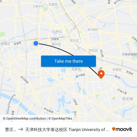 曹庄地铁站 to 天津科技大学泰达校区 Tianjin University of Science and Technology (TEDA Campus) map