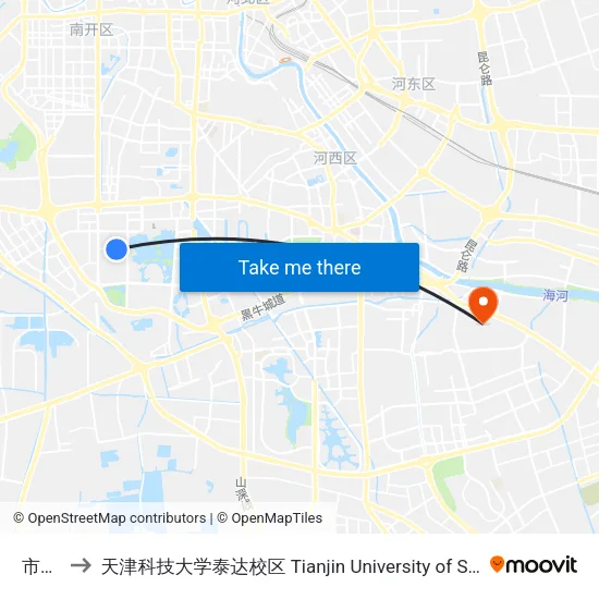 市委党校 to 天津科技大学泰达校区 Tianjin University of Science and Technology (TEDA Campus) map