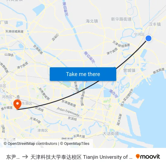 东尹村委会 to 天津科技大学泰达校区 Tianjin University of Science and Technology (TEDA Campus) map