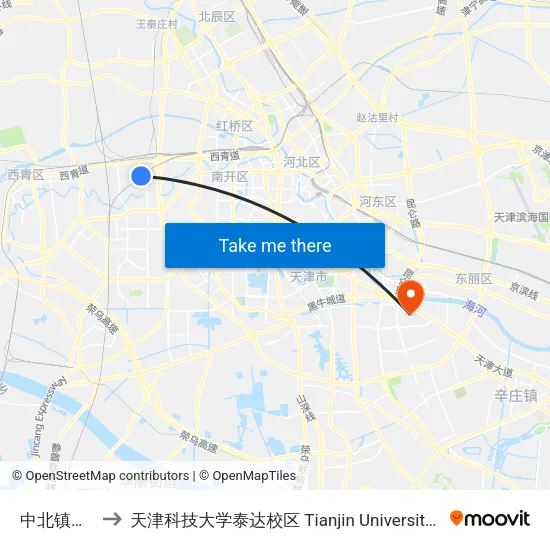 中北镇工业园管委会 to 天津科技大学泰达校区 Tianjin University of Science and Technology (TEDA Campus) map