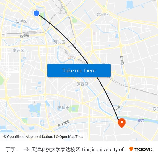 丁字沽公交站 to 天津科技大学泰达校区 Tianjin University of Science and Technology (TEDA Campus) map