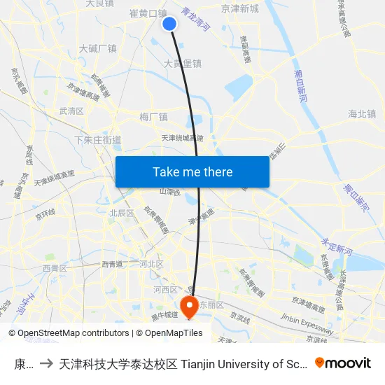 康刘庄 to 天津科技大学泰达校区 Tianjin University of Science and Technology (TEDA Campus) map