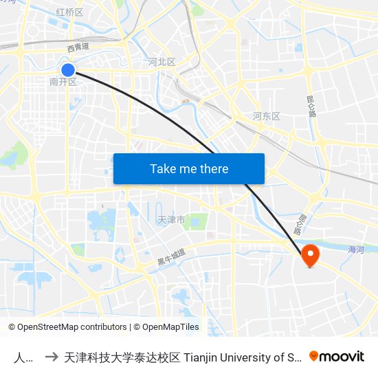 人民医院 to 天津科技大学泰达校区 Tianjin University of Science and Technology (TEDA Campus) map