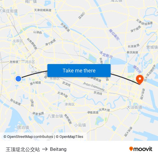 王顶堤北公交站 to Beitang map