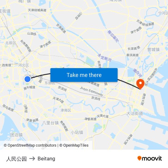 人民公园 to Beitang map
