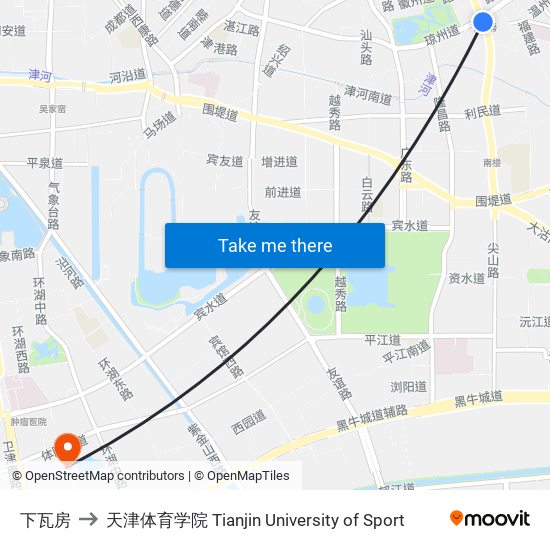 下瓦房 to 天津体育学院 Tianjin University of Sport map