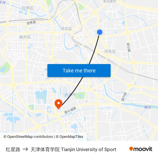 红星路 to 天津体育学院 Tianjin University of Sport map