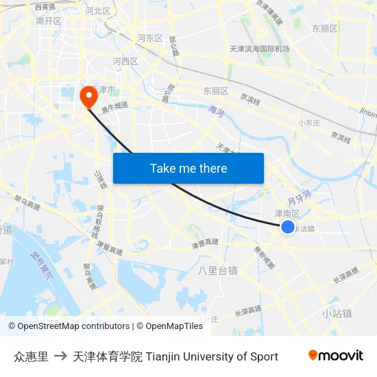 众惠里 to 天津体育学院 Tianjin University of Sport map