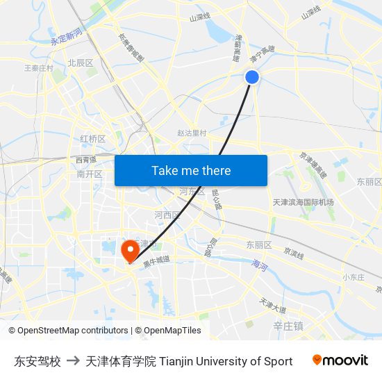 东安驾校 to 天津体育学院 Tianjin University of Sport map