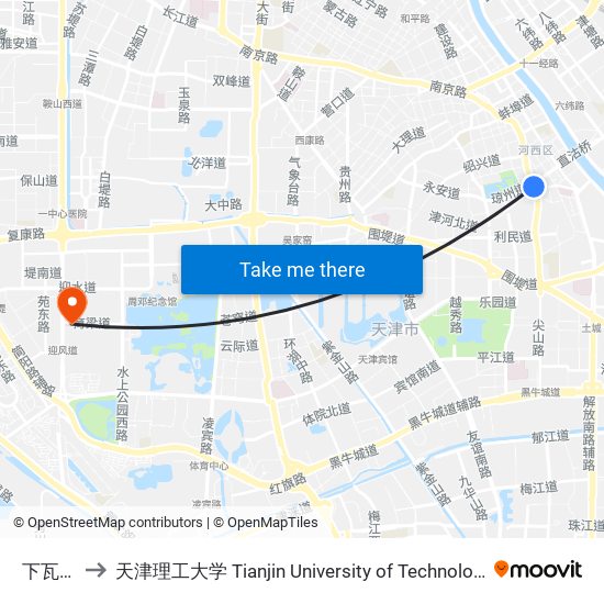 下瓦房 to 天津理工大学 Tianjin University of Technology map