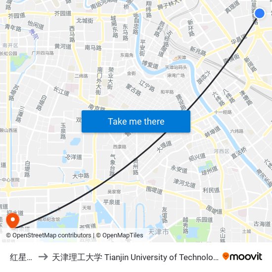 红星路 to 天津理工大学 Tianjin University of Technology map