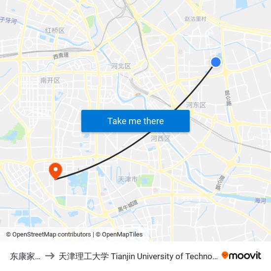 东康家园 to 天津理工大学 Tianjin University of Technology map