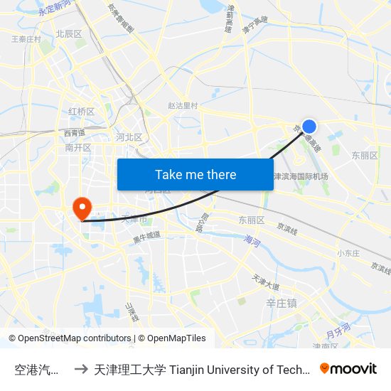 空港汽车园 to 天津理工大学 Tianjin University of Technology map