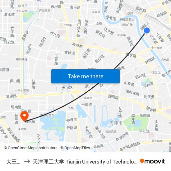 大王庄 to 天津理工大学 Tianjin University of Technology map