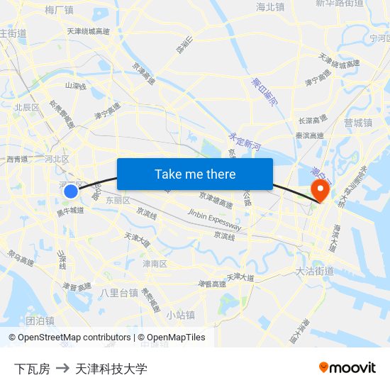 下瓦房 to 天津科技大学 map