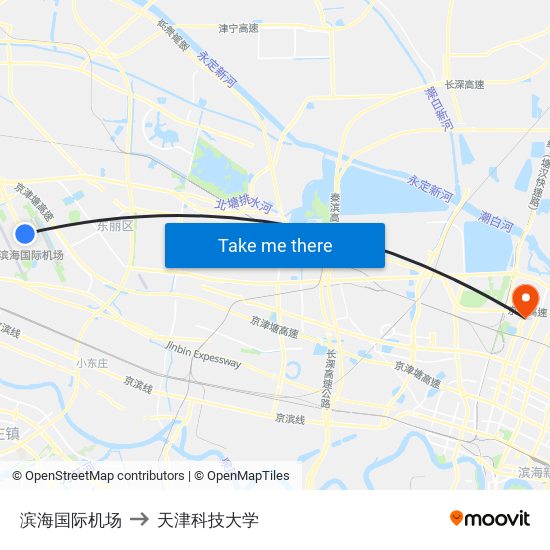 滨海国际机场 to 天津科技大学 map