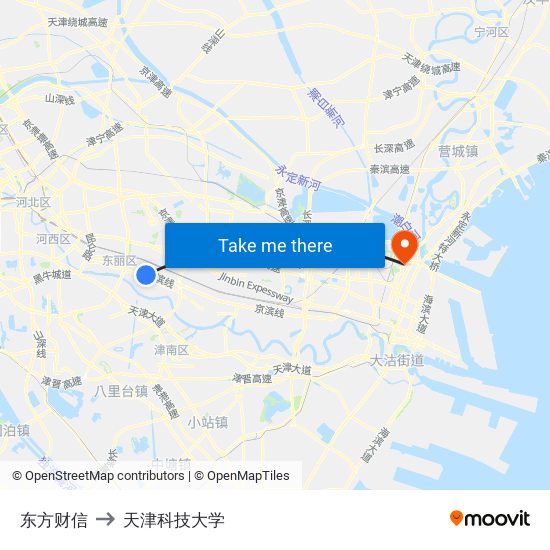 东方财信 to 天津科技大学 map