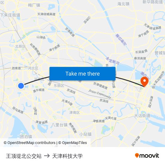 王顶堤北公交站 to 天津科技大学 map