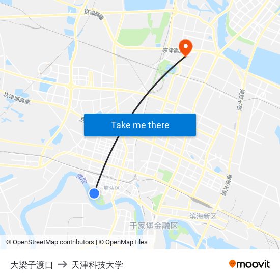 大梁子渡口 to 天津科技大学 map