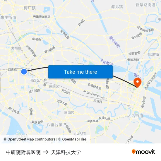 中研院附属医院 to 天津科技大学 map