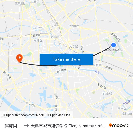 滨海国际机场 to 天津市城市建设学院 Tianjin Institute of Urban Construction map
