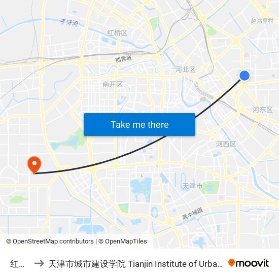 红星路 to 天津市城市建设学院 Tianjin Institute of Urban Construction map