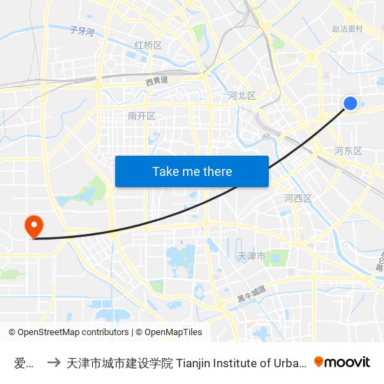 爱营里 to 天津市城市建设学院 Tianjin Institute of Urban Construction map