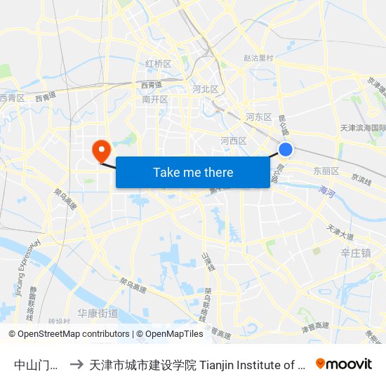 中山门虎丘路 to 天津市城市建设学院 Tianjin Institute of Urban Construction map