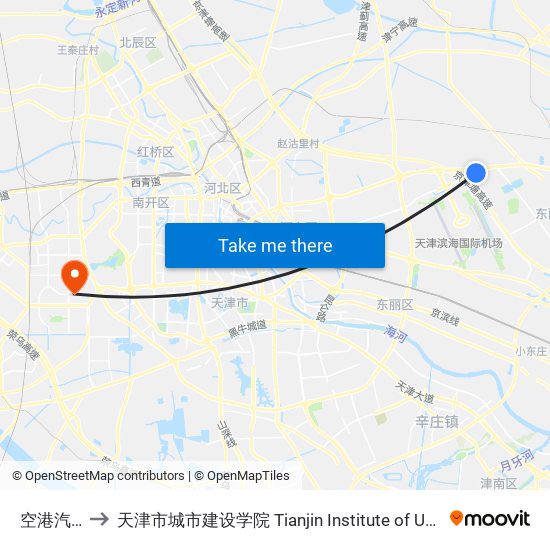 空港汽车园 to 天津市城市建设学院 Tianjin Institute of Urban Construction map