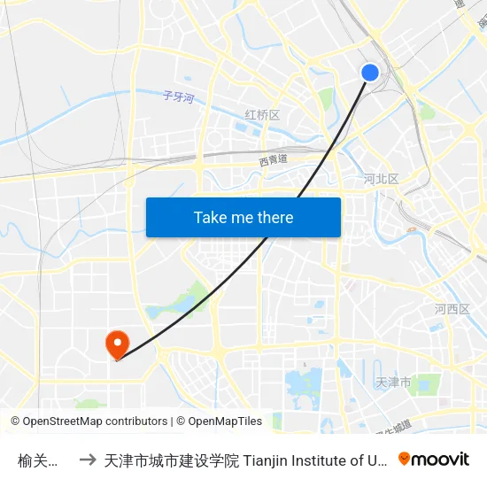 榆关道地道 to 天津市城市建设学院 Tianjin Institute of Urban Construction map